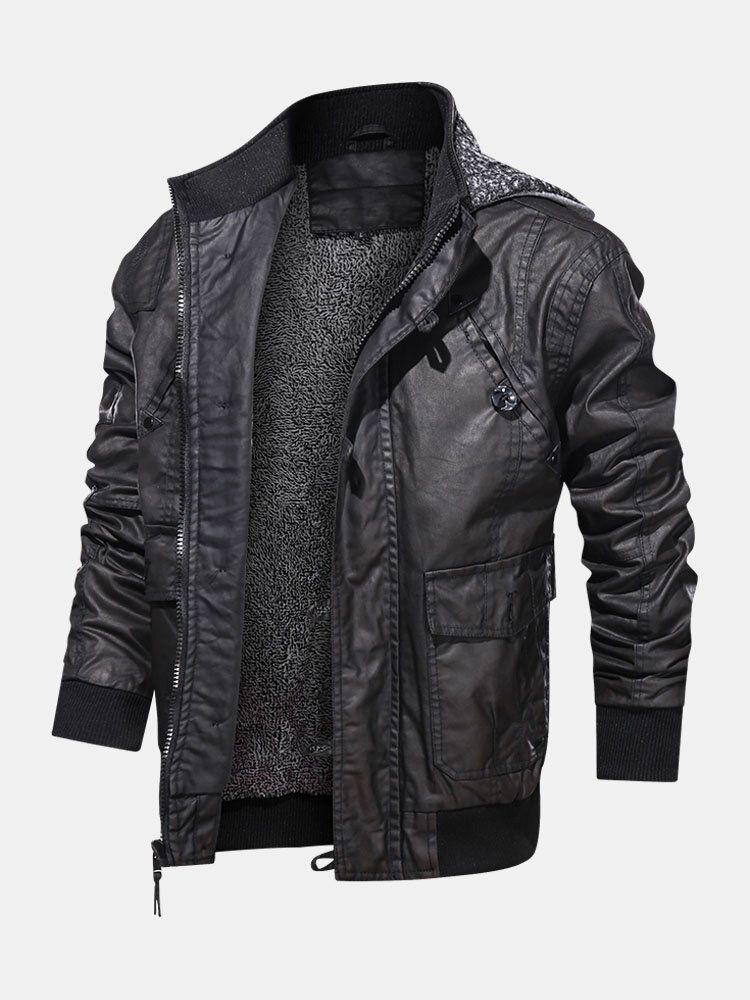 Chaqueta De Moto De Cuero Pu Con Bolsillo Con Capucha Para Hombre