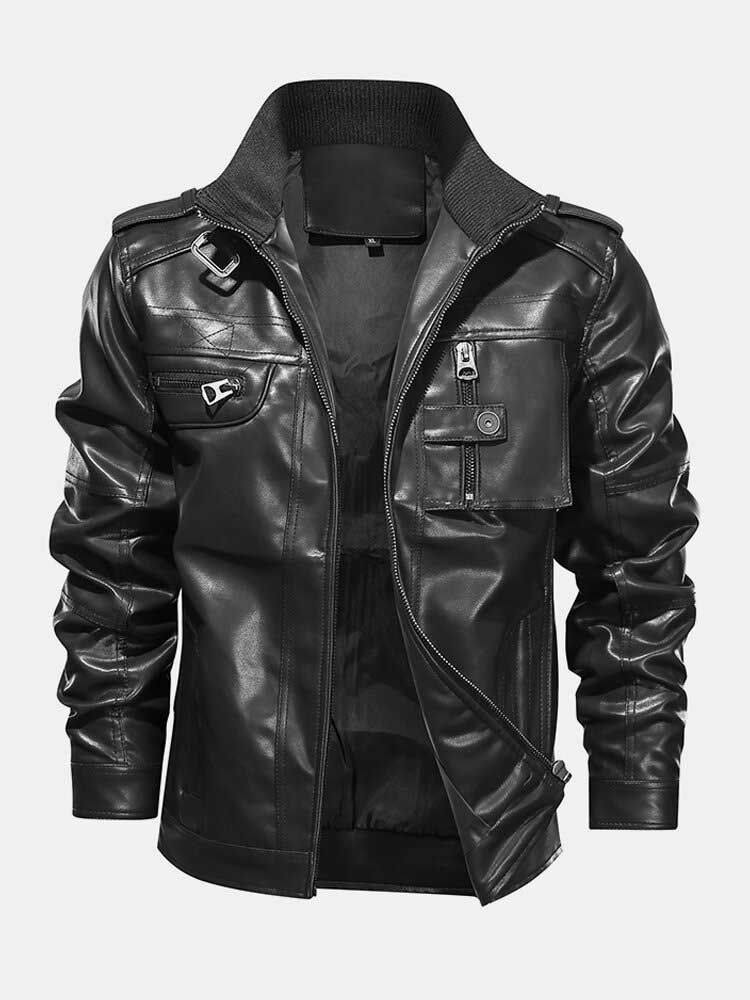 Chaqueta De Moto De Manga Larga Negra De Cuero Pu Con Cremallera Para Hombre