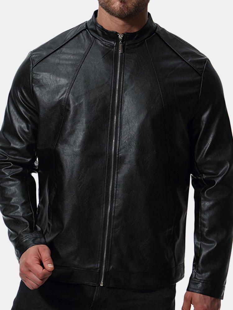 Chaqueta Negra De Cuero Sintético Elegante Con Cuello Alto De Motociclista Para Hombre