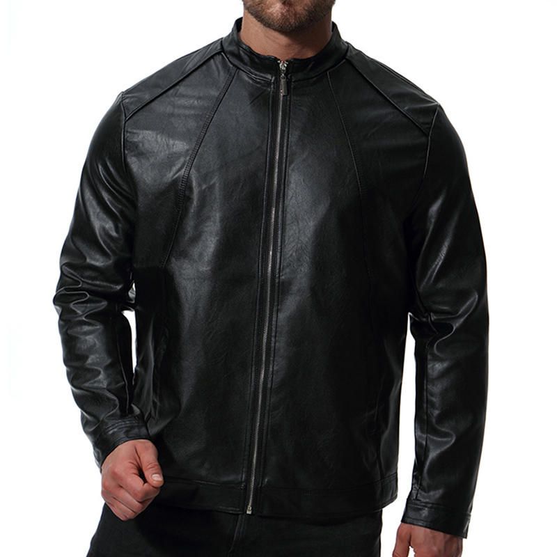 Chaqueta Negra De Cuero Sintético Elegante Con Cuello Alto De Motociclista Para Hombre