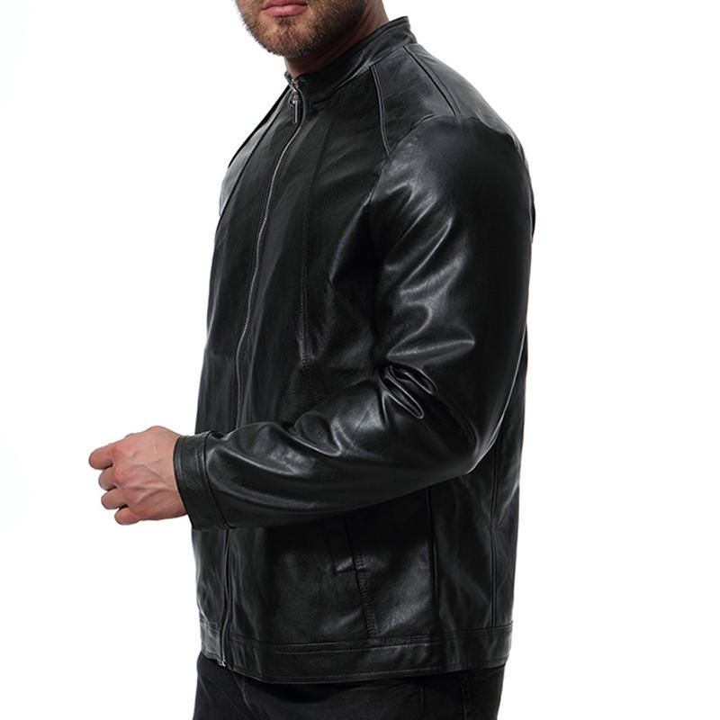 Chaqueta Negra De Cuero Sintético Elegante Con Cuello Alto De Motociclista Para Hombre