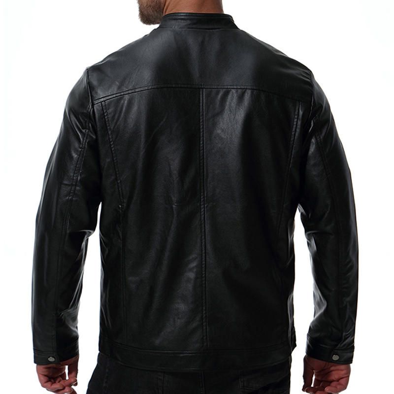 Chaqueta Negra De Cuero Sintético Elegante Con Cuello Alto De Motociclista Para Hombre