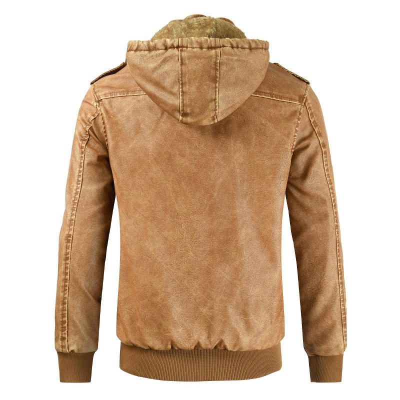 Chaqueta De Pu Cálida De Forro Polar De Cuero Sintético Con Capucha Desmontable Para Hombre