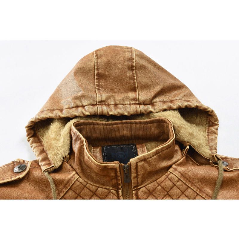 Chaqueta De Pu Cálida De Forro Polar De Cuero Sintético Con Capucha Desmontable Para Hombre