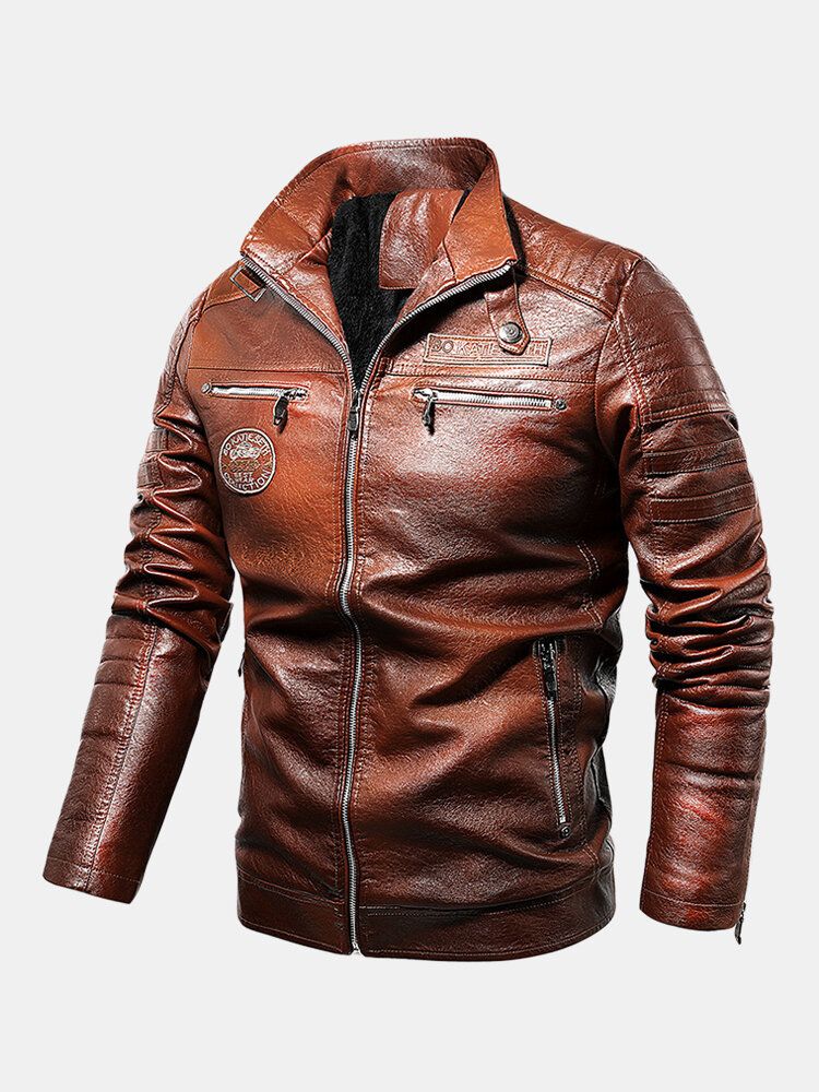 Chaqueta De Pu Con Cuello De Béisbol Con Cremallera Y Botón A Presión Con Estampado De Letras Parcheado Para Hombre