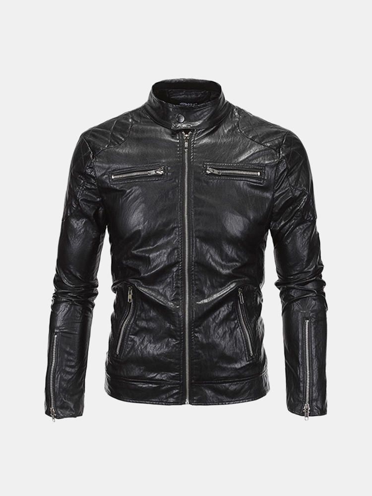 Chaqueta De Pu Estilo Punk Para Hombre De Talla Grande Cuello Alto Motocicleta Abrigo Negro Fresco