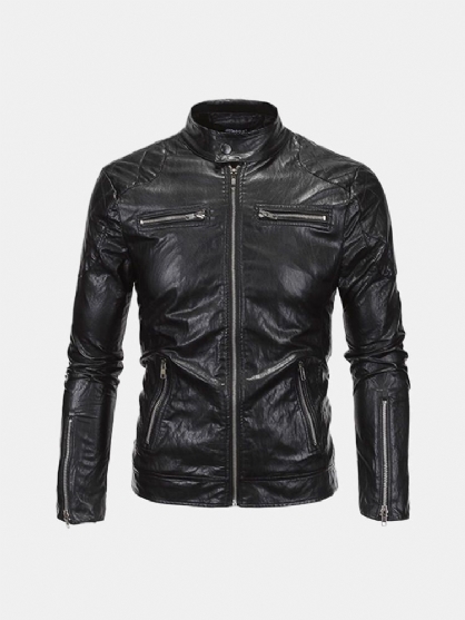 Chaqueta De Pu Estilo Punk Para Hombre De Talla Grande Cuello Alto Motocicleta Abrigo Negro Fresco