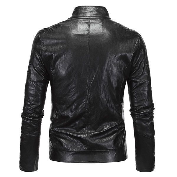 Chaqueta De Pu Estilo Punk Para Hombre De Talla Grande Cuello Alto Motocicleta Abrigo Negro Fresco