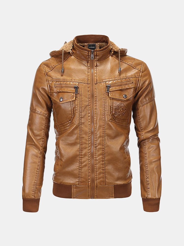 Chaqueta Vintage Moto Pu Chaqueta De Forro Polar Con Capucha Desmontable Con Múltiples Bolsillos Para Hombres