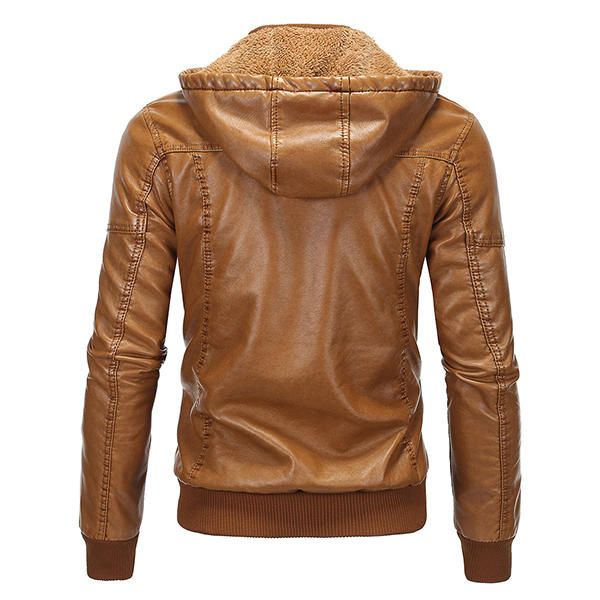 Chaqueta Vintage Moto Pu Chaqueta De Forro Polar Con Capucha Desmontable Con Múltiples Bolsillos Para Hombres