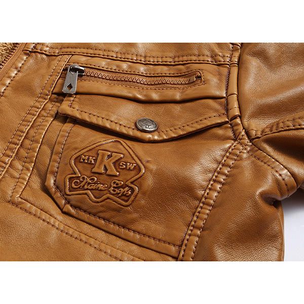 Chaqueta Vintage Moto Pu Chaqueta De Forro Polar Con Capucha Desmontable Con Múltiples Bolsillos Para Hombres