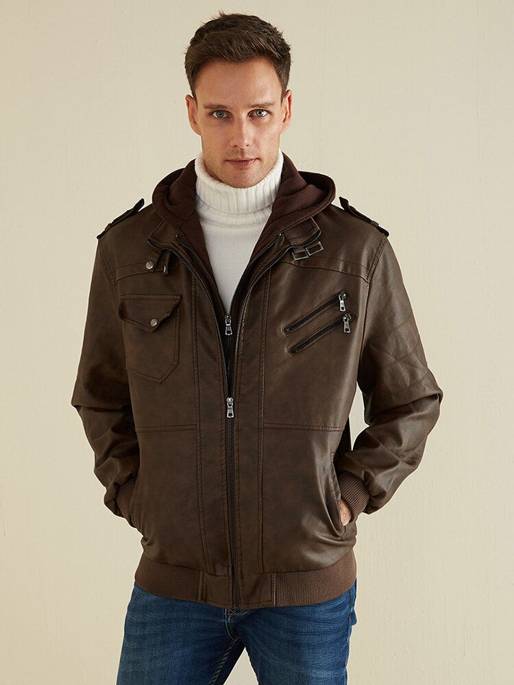 Chaquetas Con Capucha Extraíbles De Cuero Pu Con Cremallera De Múltiples Bolsillos De Color Sólido Para Hombre