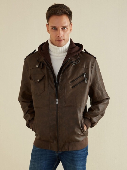 Chaquetas Con Capucha Extraíbles De Cuero Pu Con Cremallera De Múltiples Bolsillos De Color Sólido Para Hombre