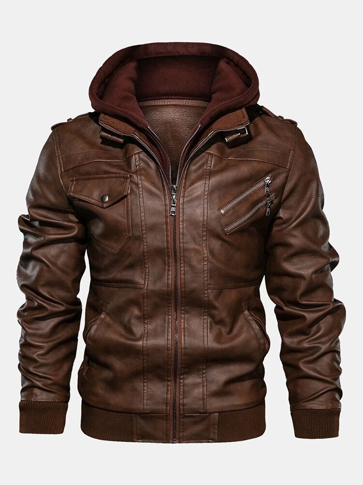 Chaquetas Con Capucha Extraíbles De Cuero Pu Con Cremallera De Múltiples Bolsillos De Color Sólido Para Hombre