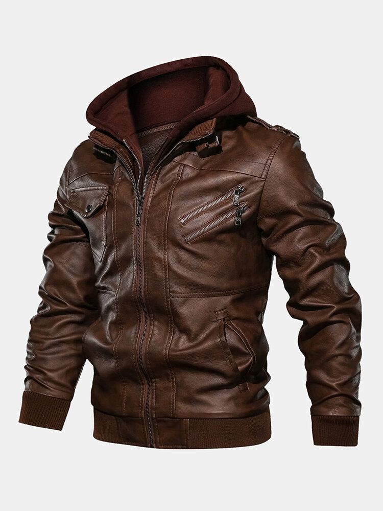 Chaquetas Con Capucha Extraíbles De Cuero Pu Con Cremallera De Múltiples Bolsillos De Color Sólido Para Hombre