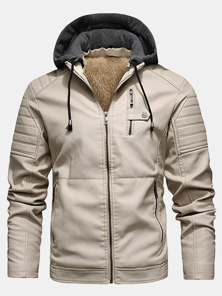 Chaquetas Con Capucha Gruesas Con Cremallera Frontal De Terciopelo Y Cuero Pu Para Hombre Con Bolsillos De Ribete Con Cremallera