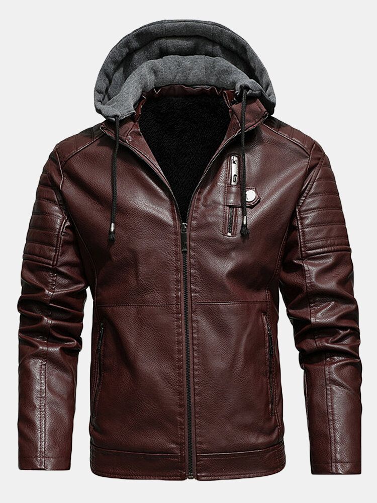 Chaquetas Con Capucha Gruesas Con Cremallera Frontal De Terciopelo Y Cuero Pu Para Hombre Con Bolsillos De Ribete Con Cremallera