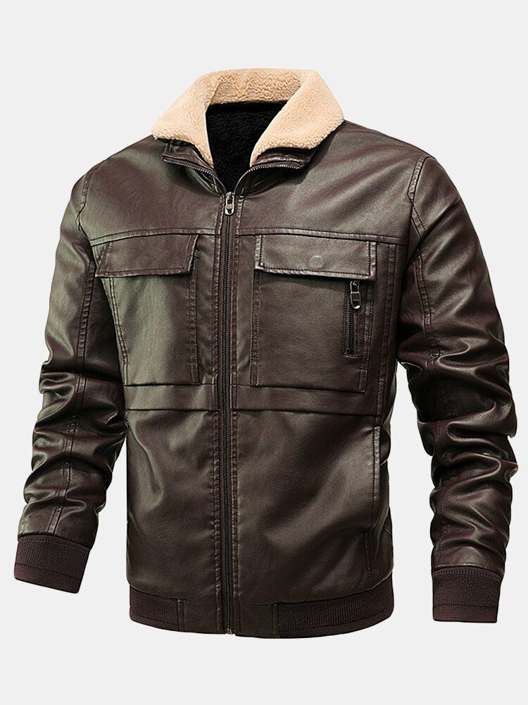 Chaquetas De Cuello De Solapa Frontal Con Cremallera Gruesa De Cuero Pu Para Hombre Con Bolsillos Con Solapa