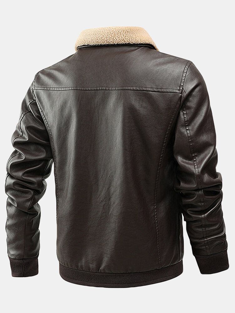 Chaquetas De Cuello De Solapa Frontal Con Cremallera Gruesa De Cuero Pu Para Hombre Con Bolsillos Con Solapa