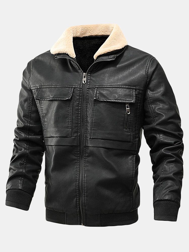 Chaquetas De Cuello De Solapa Frontal Con Cremallera Gruesa De Cuero Pu Para Hombre Con Bolsillos Con Solapa