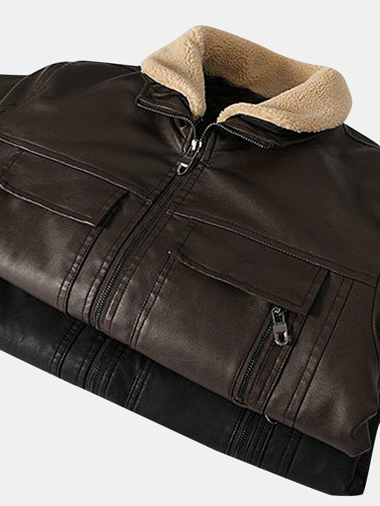 Chaquetas De Cuello De Solapa Frontal Con Cremallera Gruesa De Cuero Pu Para Hombre Con Bolsillos Con Solapa