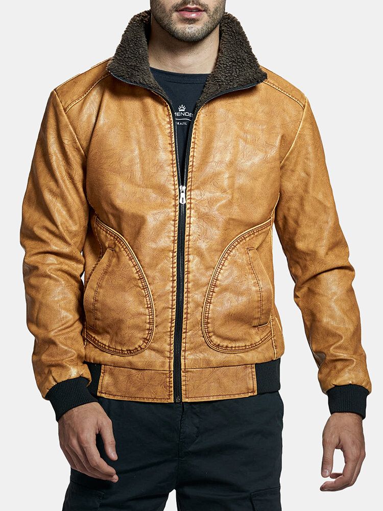 Chaquetas De Cuero Pu Con Cuello Alto Y Forro De Terciopelo Con Cremallera Para Hombre