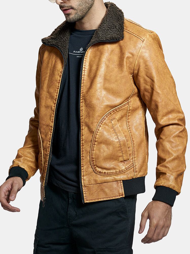 Chaquetas De Cuero Pu Con Cuello Alto Y Forro De Terciopelo Con Cremallera Para Hombre