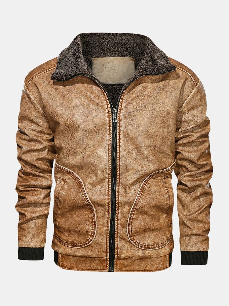 Chaquetas De Cuero Pu Con Cuello Alto Y Forro De Terciopelo Con Cremallera Para Hombre