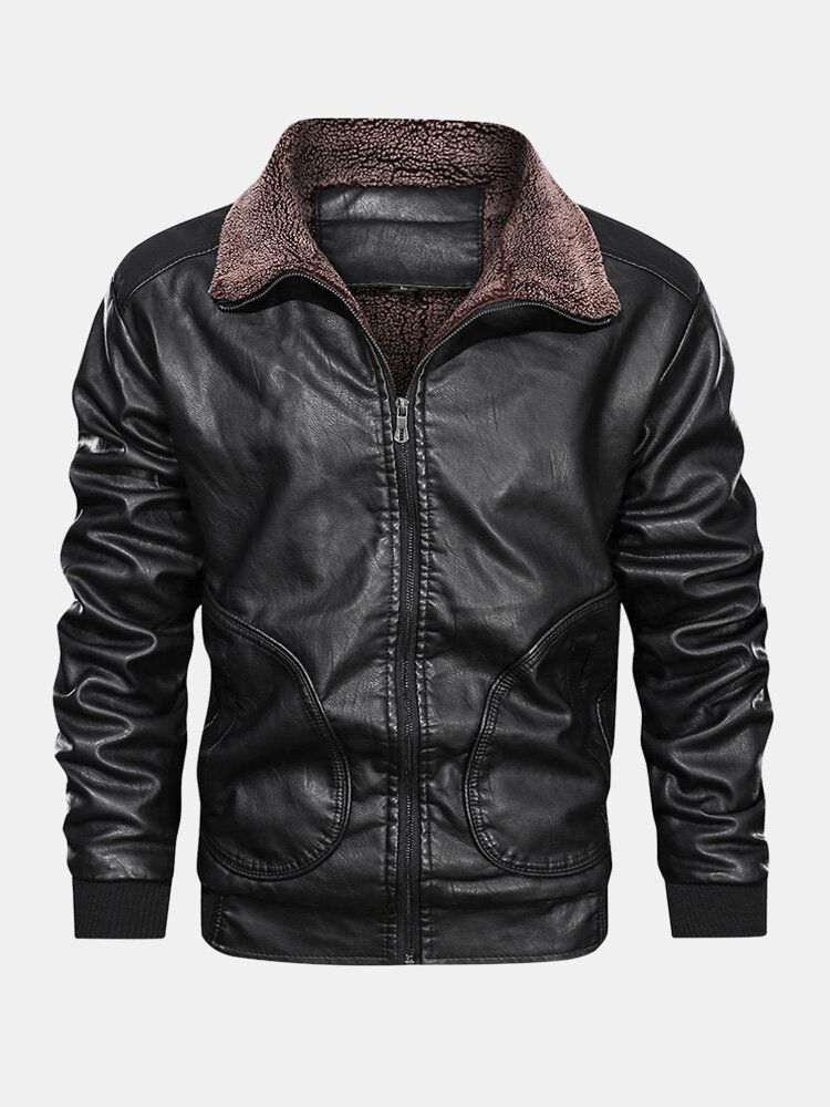 Chaquetas De Cuero Pu Con Cuello Alto Y Forro De Terciopelo Con Cremallera Para Hombre