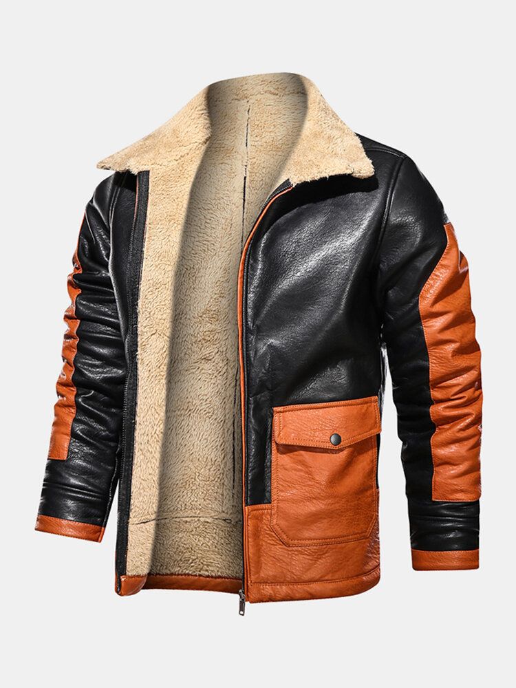 Chaquetas De Cuero Pu De Manga Larga Con Forro Polar Con Doble Bolsillo Y Forro Polar Para Hombre