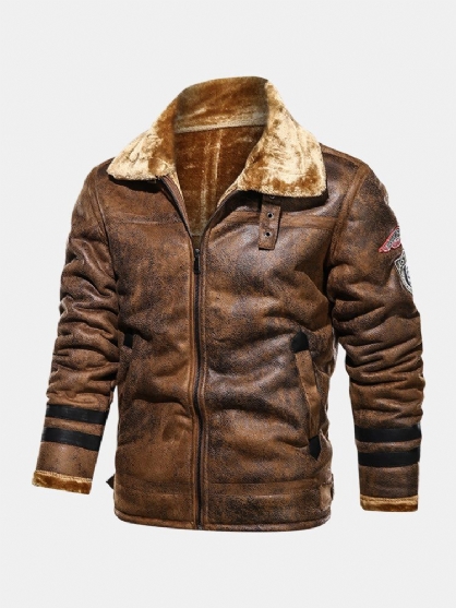 Chaquetas Gruesas De Ajuste Relajado Con Cuello De Solapa Frontal Con Cremallera Con Insignia De Piel Sintética Para Hombre