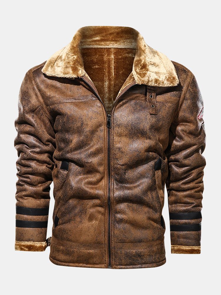 Chaquetas Gruesas De Ajuste Relajado Con Cuello De Solapa Frontal Con Cremallera Con Insignia De Piel Sintética Para Hombre