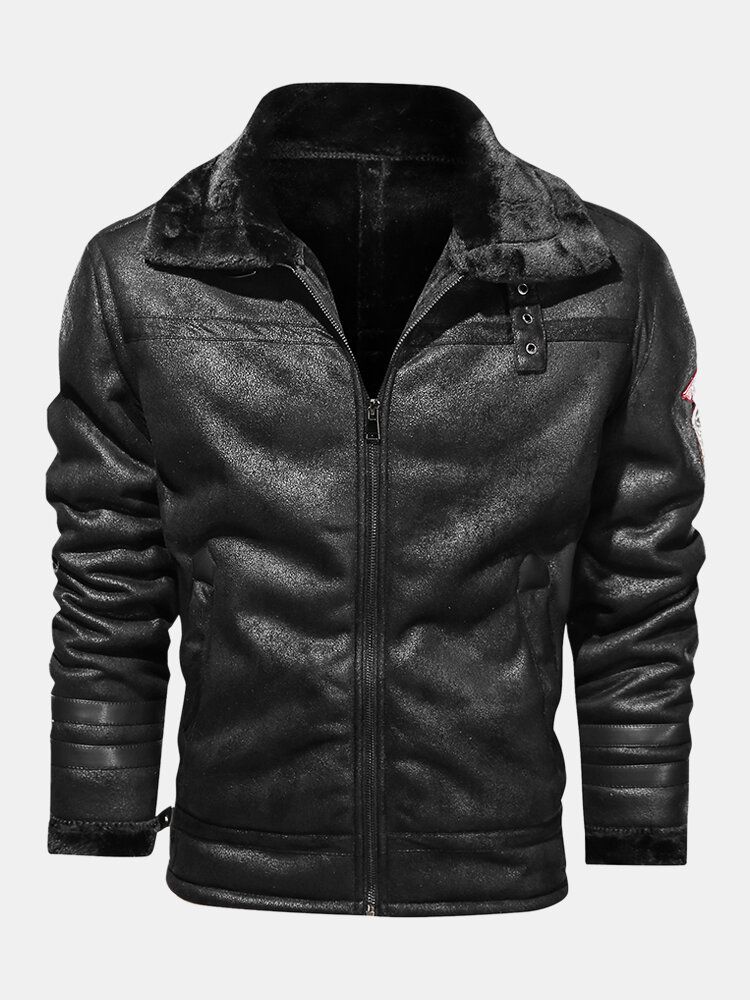 Chaquetas Gruesas De Ajuste Relajado Con Cuello De Solapa Frontal Con Cremallera Con Insignia De Piel Sintética Para Hombre