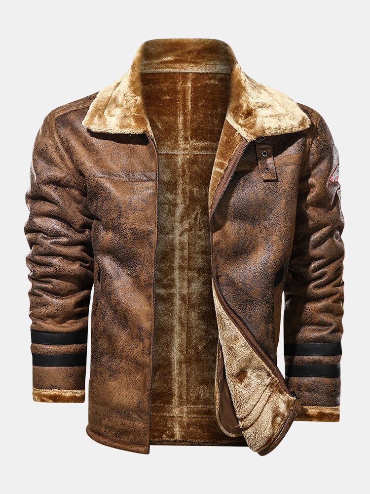 Chaquetas Gruesas De Ajuste Relajado Con Cuello De Solapa Frontal Con Cremallera Con Insignia De Piel Sintética Para Hombre