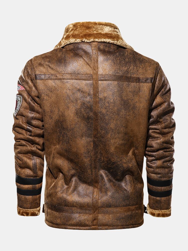 Chaquetas Gruesas De Ajuste Relajado Con Cuello De Solapa Frontal Con Cremallera Con Insignia De Piel Sintética Para Hombre