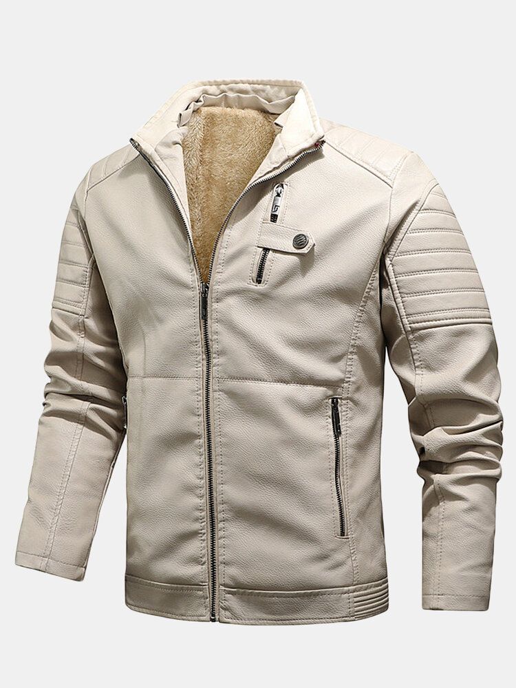 Chaquetas Gruesas Con Cremallera Frontal De Cuero Pu Para Hombre Con Bolsillos De Ribete Con Cremallera