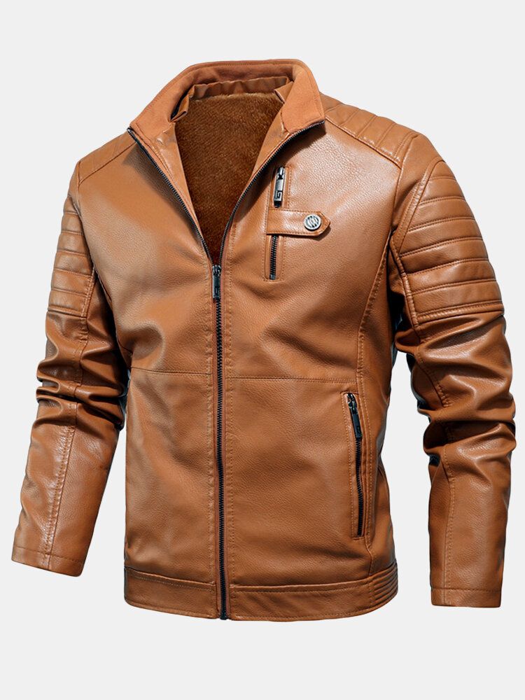 Chaquetas Gruesas Con Cremallera Frontal De Cuero Pu Para Hombre Con Bolsillos De Ribete Con Cremallera