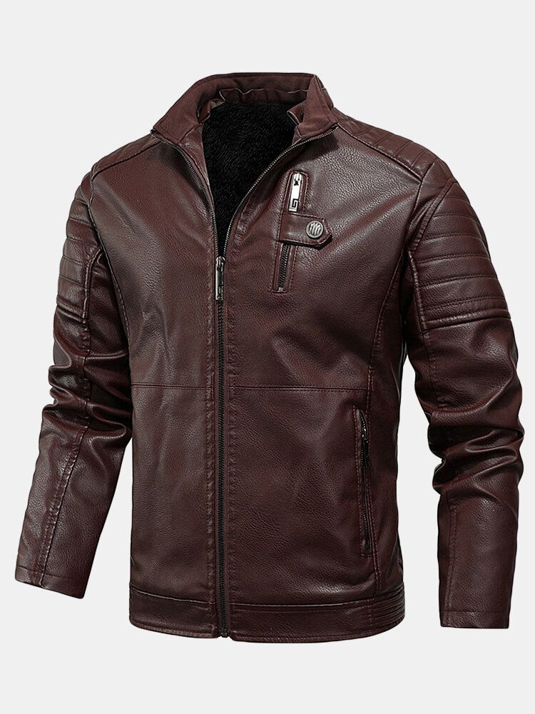 Chaquetas Gruesas Con Cremallera Frontal De Cuero Pu Para Hombre Con Bolsillos De Ribete Con Cremallera