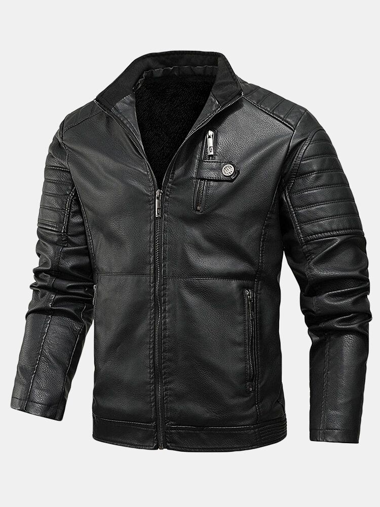 Chaquetas Gruesas Con Cremallera Frontal De Cuero Pu Para Hombre Con Bolsillos De Ribete Con Cremallera