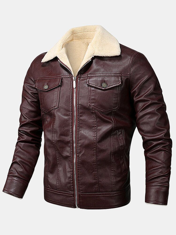 Chaquetas Gruesas De Cuello De Solapa Frontal Con Cremallera De Cuero Pu Para Hombre Con Bolsillos Con Solapa