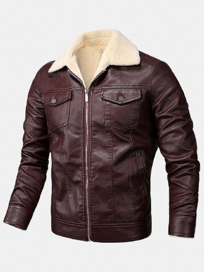 Chaquetas Gruesas De Cuello De Solapa Frontal Con Cremallera De Cuero Pu Para Hombre Con Bolsillos Con Solapa