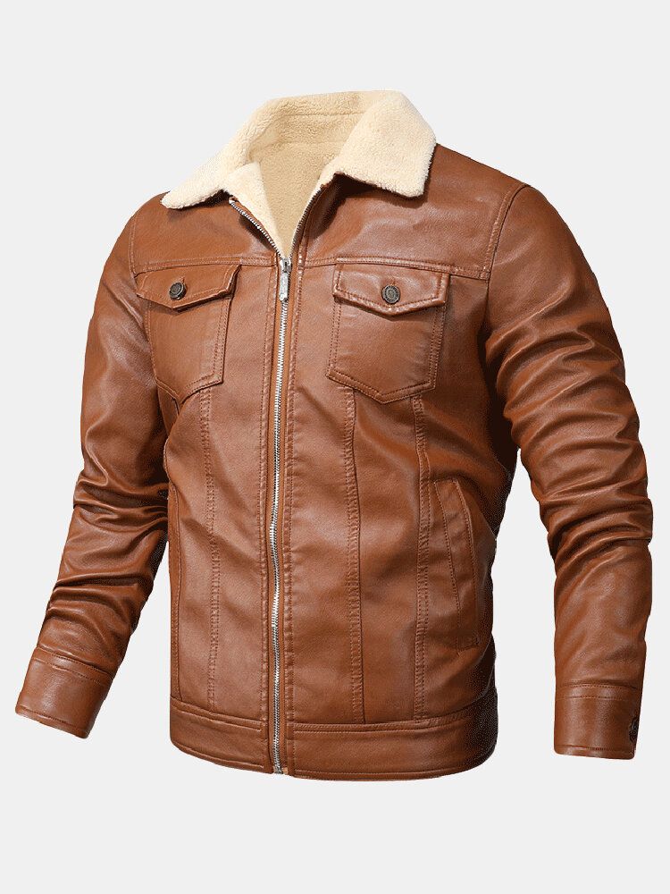 Chaquetas Gruesas De Cuello De Solapa Frontal Con Cremallera De Cuero Pu Para Hombre Con Bolsillos Con Solapa