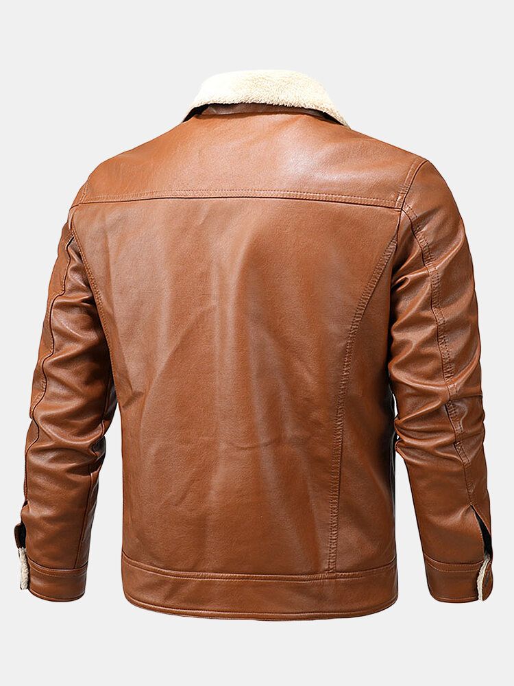 Chaquetas Gruesas De Cuello De Solapa Frontal Con Cremallera De Cuero Pu Para Hombre Con Bolsillos Con Solapa