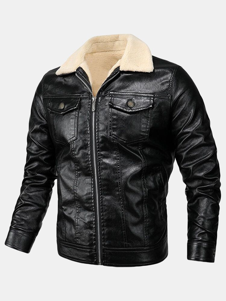 Chaquetas Gruesas De Cuello De Solapa Frontal Con Cremallera De Cuero Pu Para Hombre Con Bolsillos Con Solapa