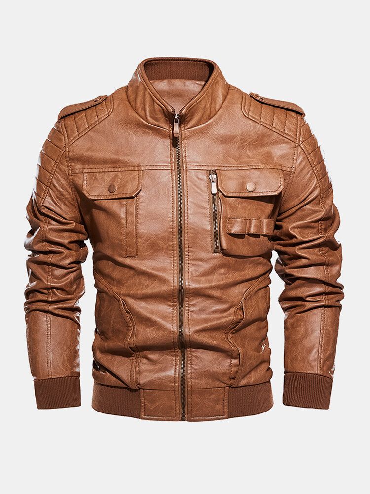 Chaquetas De Moto De Cuero Pu Con Cuello Alto Y Cremallera Para Hombre