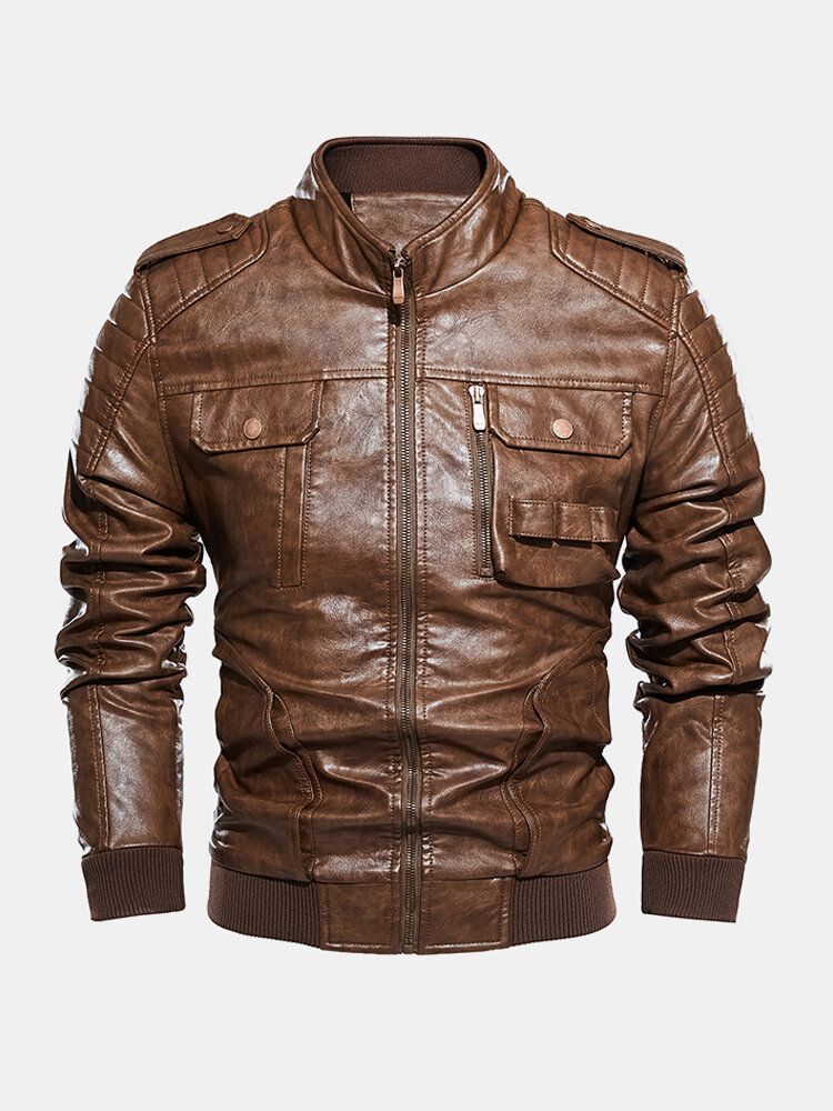 Chaquetas De Moto De Cuero Pu Con Cuello Alto Y Cremallera Para Hombre