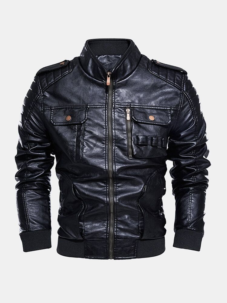 Chaquetas De Moto De Cuero Pu Con Cuello Alto Y Cremallera Para Hombre