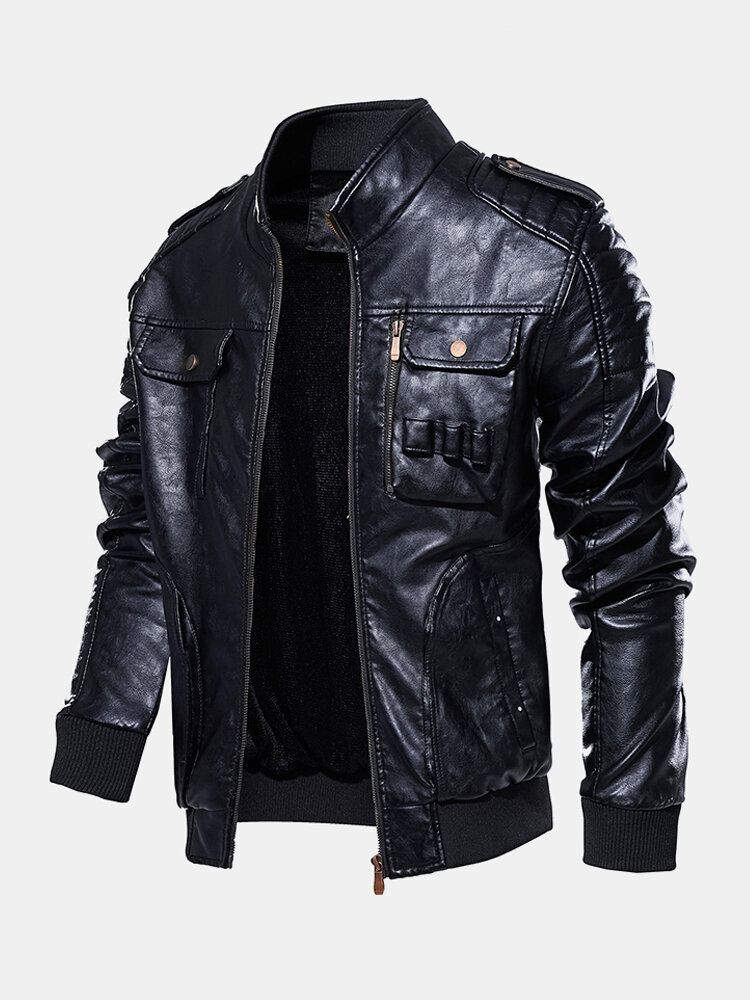 Chaquetas De Moto De Cuero Pu Con Cuello Alto Y Cremallera Para Hombre