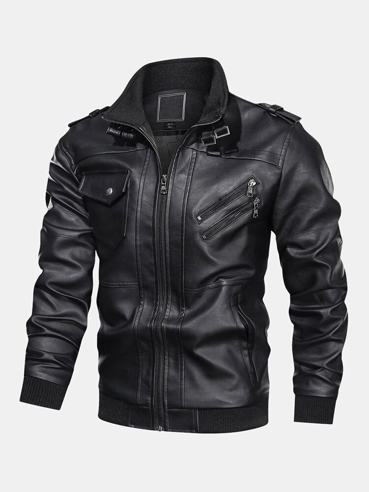 Chaquetas De Motociclista Con Cremallera Frontal De Cuero Pu De Color Sólido Para Hombre Con Múltiples Bolsillos