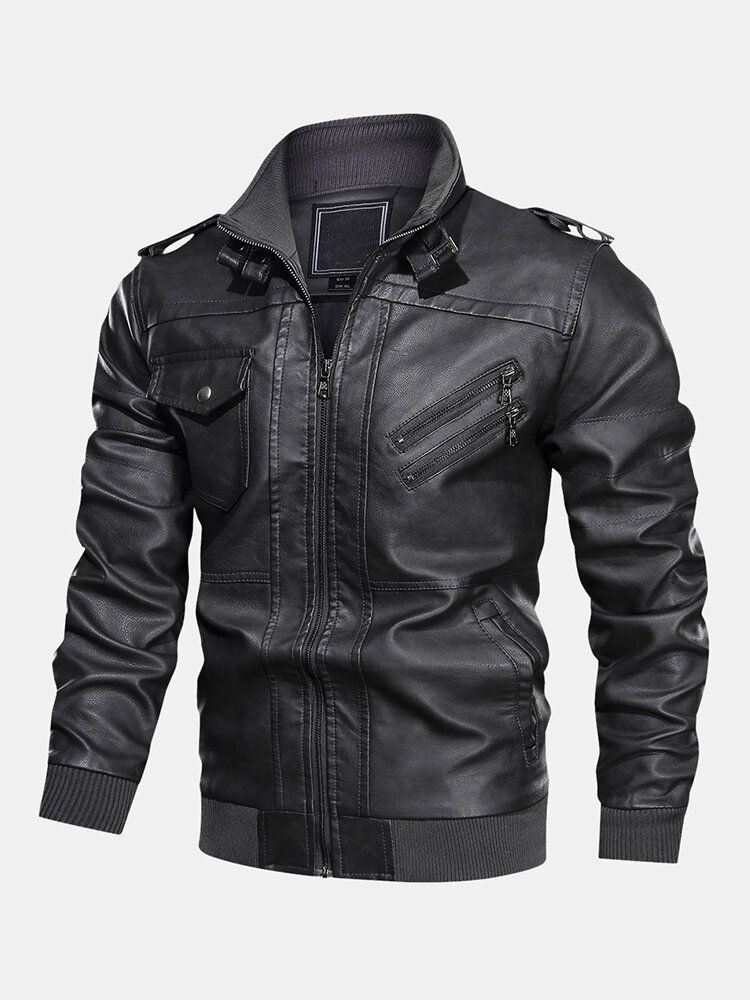 Chaquetas De Motociclista Con Cremallera Frontal De Cuero Pu De Color Sólido Para Hombre Con Múltiples Bolsillos